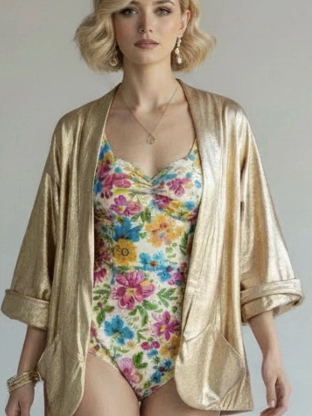 Vintage 1960’s DeWeese Design Gold Metallic Swim Robe Jacket Cover Up Sz 12 34 M